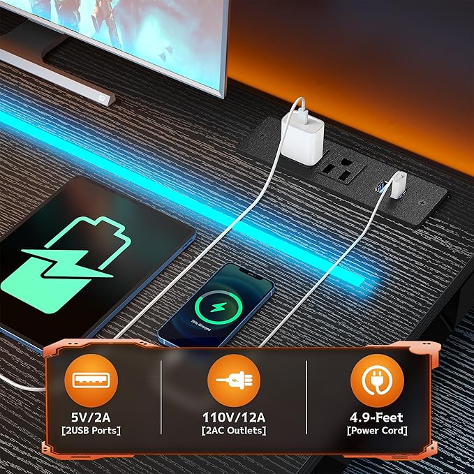 56 Inch Gaming Desk with Drawers and ShelfReversible Computer Desk with LED Lights and Power OutletsStudy Table with Hooks for HeadphoneBagsBlack Desk Work Desk for BedroomDorm