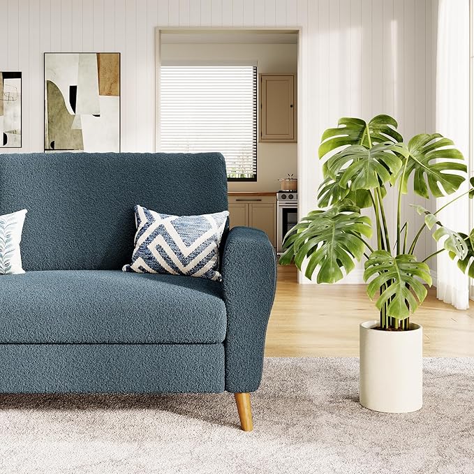 IDEALHOUSE 84 Inch Modern Sofa Couch Large 3-Seater Sofa with Streamlined Armrests Boucle Loveseat Wood Feet Comfy Couch for Living Room Apartment Lounge Dark Blue