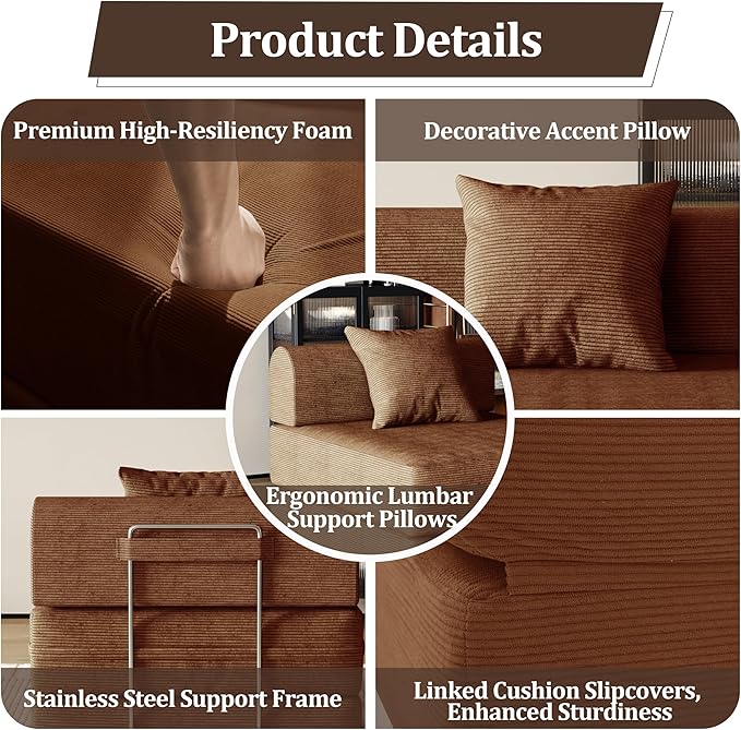 31.5'' Convertible Compressed Corduroy Folding Sofa Bed Modern Boneless Pull Out Sleeper Sofa Couch in a Box 3 in 1 Portable Lazy Floor Lounge Chair No Assembly Needed Caramel Pillow Single