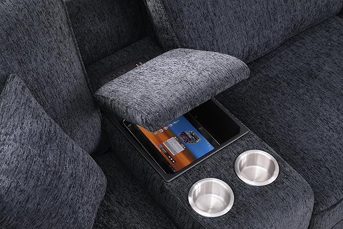 127 L-Shaped Sectional Couch with Movable Ottoman&amp6 Throw Pillows7 Seat Chenille Upholstered Sofa W/2 Cup HolderUSB Port&ampHidden Storage BoxDIY Combinationfor Living RoomApartmentDark Gr