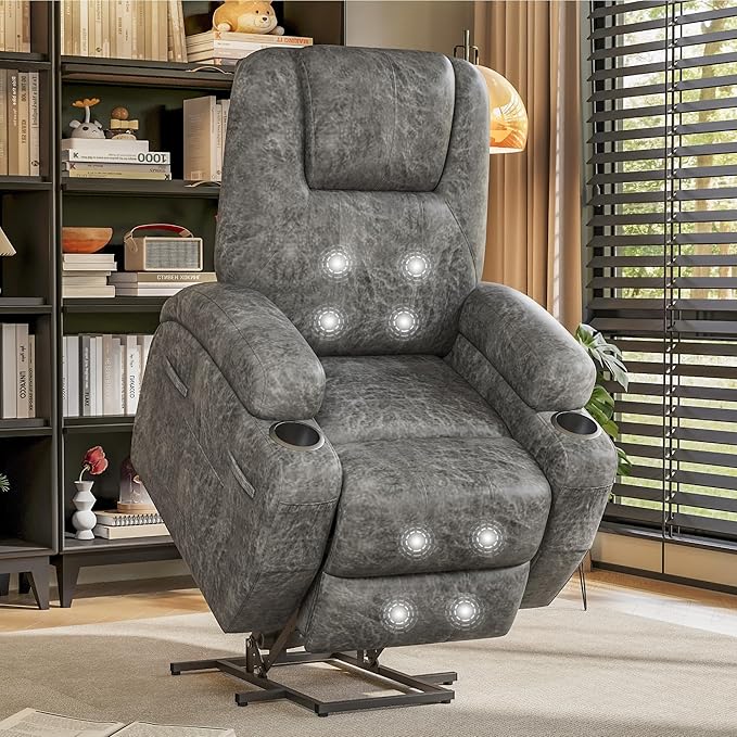 Flamaker Power Lift Recliner Chair Electric Lift Recliner for Elderly Power Lift Recliner Chair with Cup Holders Side Pockets for Living Room (Leathaire Light Gray)