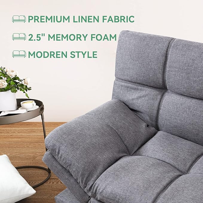 Vyfipt Futon Bed/CouchGrey Polyester Memory Foam Small Splitback Easy-Convert Backrests&ampArmrestsStain-Resistant Fabric Sofas 71x33x31.5