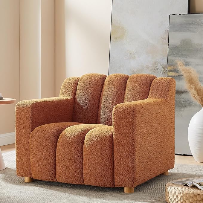 Modern Oversized Living Room Chairs 40 Wide Boucle Accent Chairs with Deep Seat and Wooden Legs Comfy Reading Arm Chair for Bedroom Apartment Orange