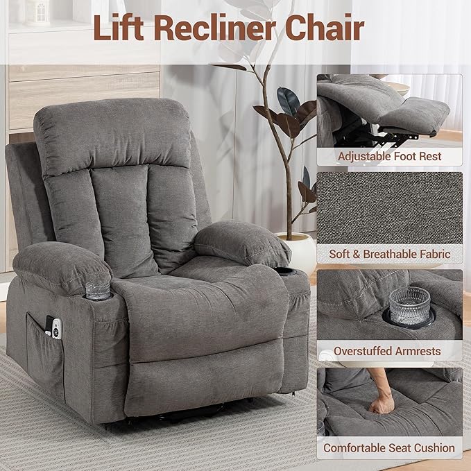 Power Lift Recliner Massage Chair - for Elderly People w/Vibration Massage and Lumbar Heat Recliner Chair Sofa for Adult w/Cup Holder USB Charge Port for Living Room Bedroom Grey