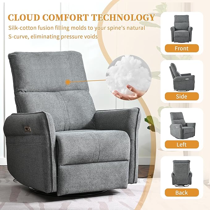 Power Swivel Rocker Recliner Chair for Nursery Upholstered Snowflake Velvet 270°Swivel Glider Rocker Chair with USB Ports Small Power Recliners for Small Spaces Living Room