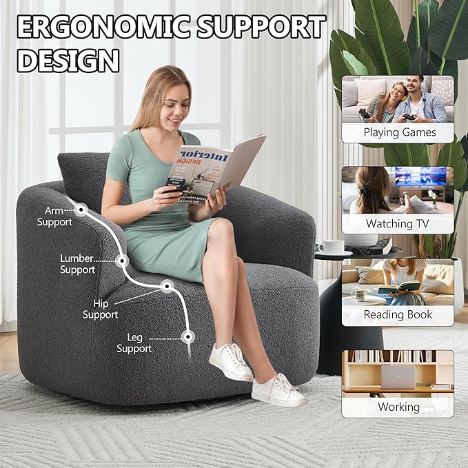 Upholstered Swivel Barrel Chair 31 Wide Modern Fabric Ergonomics Single Sofa Chair Living Room Bedroom Accent Chair Comfy Club Swivel Chair (Dark Gray)
