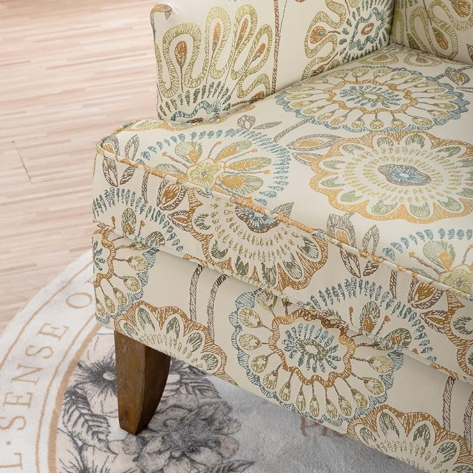 Modern Wingback Accent Club Chair with Floral Fabric Upholstery Comfortable Reading Chair for Living Room &amp Bedroom Single Seater Sofa with Cushion (Yellow pattern)