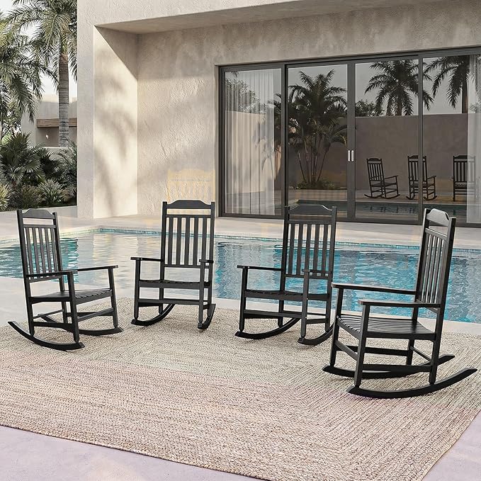 EasyUp Patio Rocking Chair OutdoorSet of 4Weather Resistant Poly Resin Oversized Porch RockerHigh Back Smooth DesignIndoor Outdoor Use