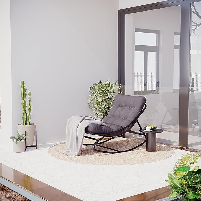 Indoor and Outdoor Rocking Chair with Thick Cushion Outdoor Deck Egg Rocker with Metal Frame Adjustable Rocking Range and Fixed Rope Waterproof Cushion Bedroom Living Room Porch Garden Lawn