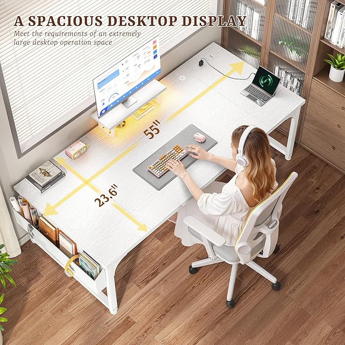 Computer Desk with Monitor Stand &amp 24mm Thicker DesktopGaming Desk with Power Outlets &amp LED LightWhite Writing Desk for Home Office Study Bedroom White