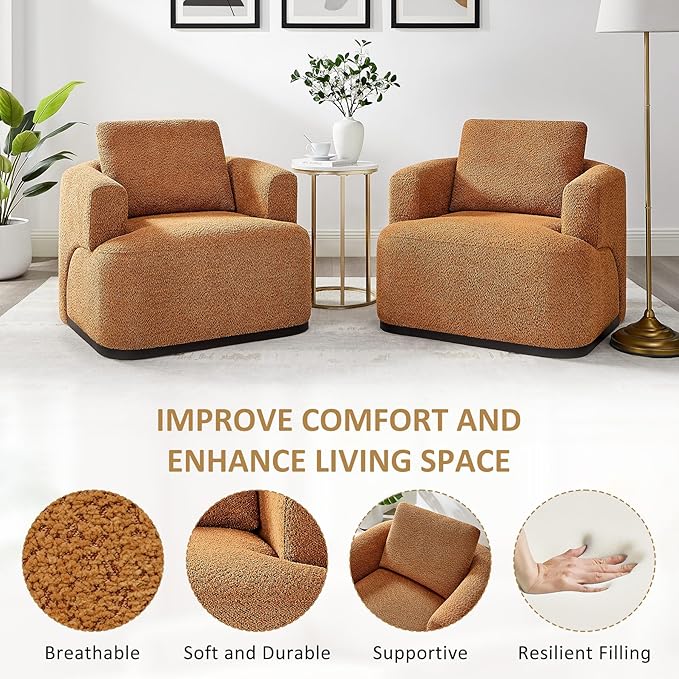 Oversized Living Room Chair Modern Comfy Boucle Accent Chairs with Throw Pillow Upholstered Armchair for Bedroom Office Waiting Room Fully Assembled (Curry)