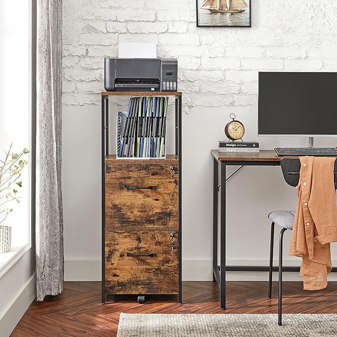 VASAGLE File Cabinet for Home Office 2-Drawer Filing Cabinet with Lock Open Shelf Printer Stand for A4 and Letter Sized Files Adjustable Feet Industrial Rustic Brown and Ink Black UOFC045B01