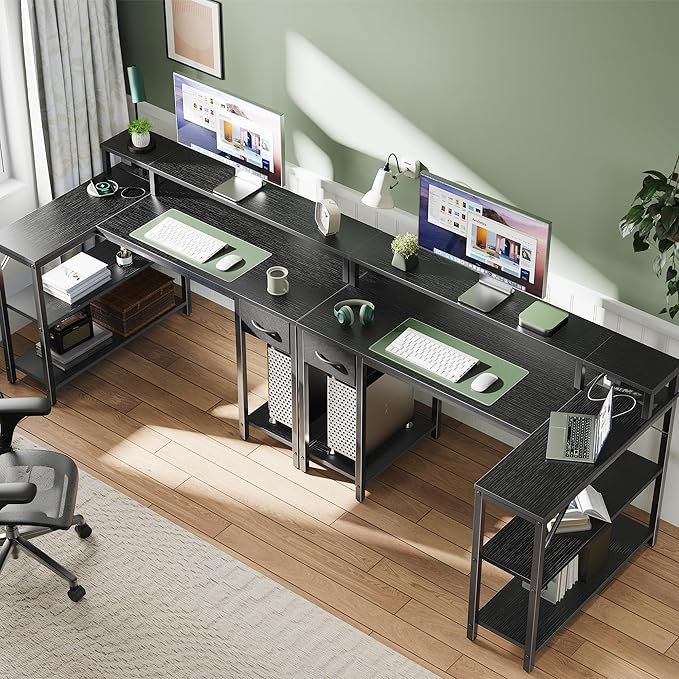 SUPERJARE 47 inch L Shaped Gaming Desk with LED Lights &amp Power Outlets Reversible Computer Desk with Shelves &amp Monitor Stand Corner Desk with Drawer for Home &amp Office Black