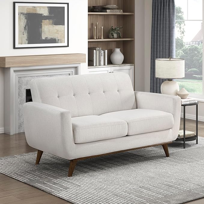 Lexicon Modern Accent Couch Textured Fabric Upholstered Loveseat with Brown Wood Legs Track Arms Tufted Couch Back 2 Seater Loveseat Sofa for Living Room/Office/Waiting Room Beige