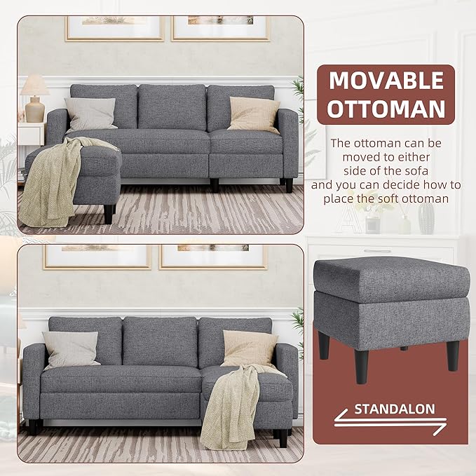 JAMFLY Sectional Sofa Couch Convertible L Shaped Sofas with Ottoman Small Sectional Couches for Living Room 3 Seater Couch for Small Spaces Dark Grey