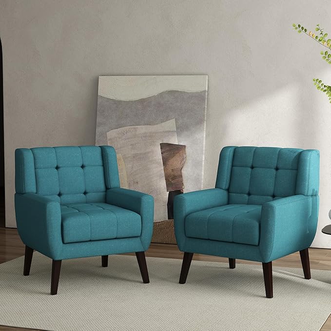 Accent Chair Comfy Mid Century Modern Small Armchairs with Solid Wood Frame and Soft Cushion for Living Room Bedroom (Fabric Light Blue Set of 2)