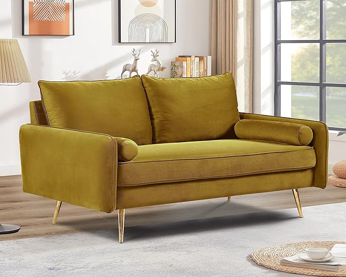 Kent Modern Loveseat European Style Velvet Living Room Furniture with Tapered Legs Vintage Flair and Sleek Design Greenish Yellow
