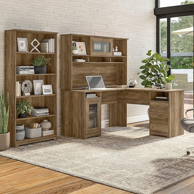 Bush Home Cabot 60W L Shaped Computer Desk with Hutch and 5 Shelf Bookcase in Reclaimed Pine