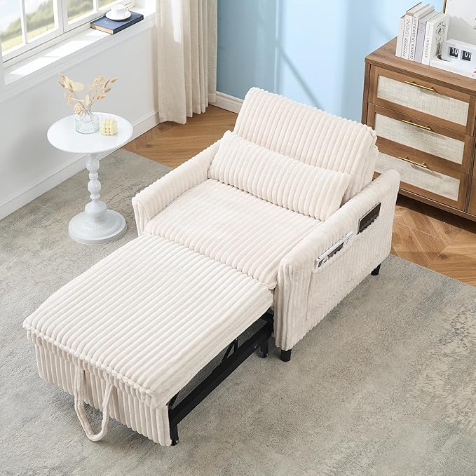 3-in-1 Convertible Sofa Chair BedPull Out Couch Single Sleeper Chair Bedwith Adjustable Backrest with Side Pockets Lounge Sofa for Living Room Bedroom Small Spaces (Beige)
