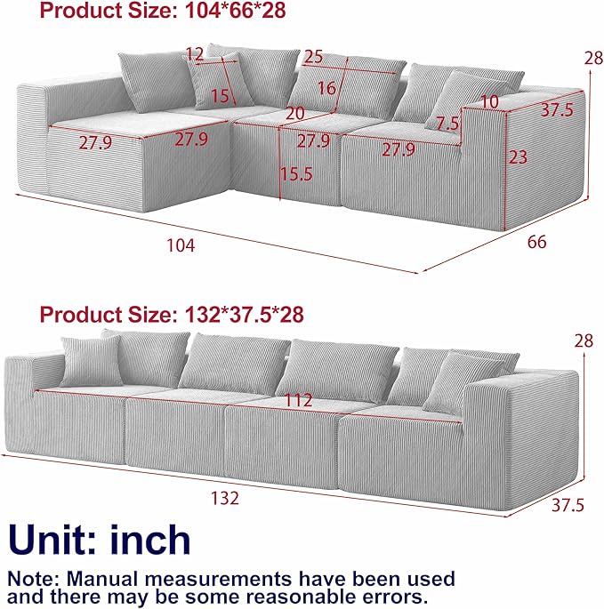 104 Viral Modular Boneless Cloud Couch Deep Seat Memory Foam Compressed Sectional Sofa with ChaiseL-Shaped Corduroy Couch for Living RoomNo Assembly RequiredGreen