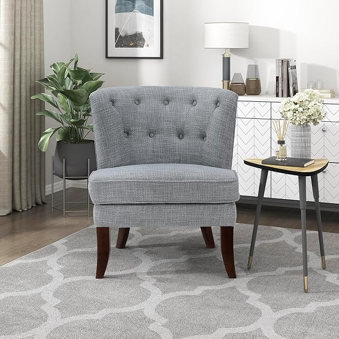 Lexicon Accent Chair Textured Fabric Upholstered Armless Chair with Solid Wood Legs Button Tufted Curved Back for Living Room/Bedroom/Office/Waiting Area Dark Gray