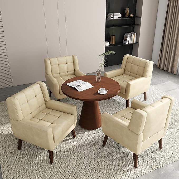 Accent Chair Comfy Mid Century Modern Small Armchairs with Solid Wood Frame and Soft Cushion for Living Room Bedroom (Faux Leather Cream Set of 1)