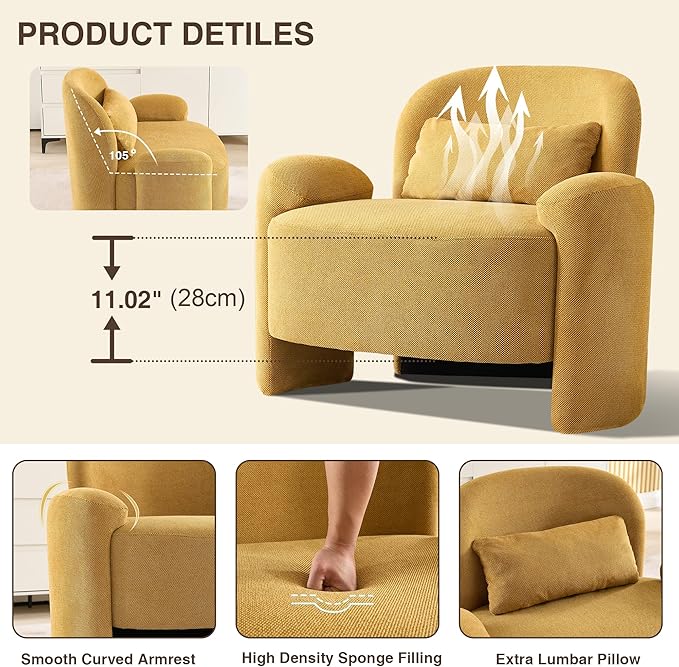 LOULENS Oversized Accent Chair Modern Linen Fabric Lounge Armchair for Living Room Upholstered Comfy Reading Single Sofa Chair for Bedroom Waiting Room Corner Office Yellow