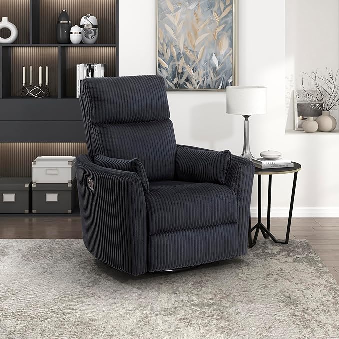 Lexicon Modern Swivel Glider Recliner Chair Nursery Glider Corduroy Fabric Upholstery Recliner with 2 Lumbar Pillows Manual Reclining Sofa Chair for Living Room/Office/Apartment Black