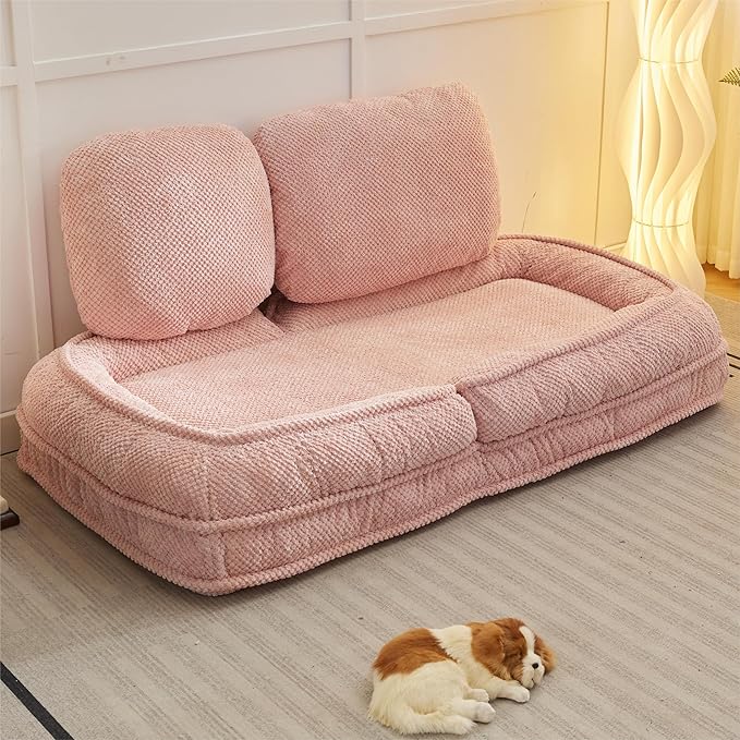 KEIKI Foldable Tatami Lazy Sofa Couch Bed with 5 Adjustable Position Space Saving Design Human Dog Bed with Cushion Back Easy Assembly for Apartment Living Room Bedroom Pink