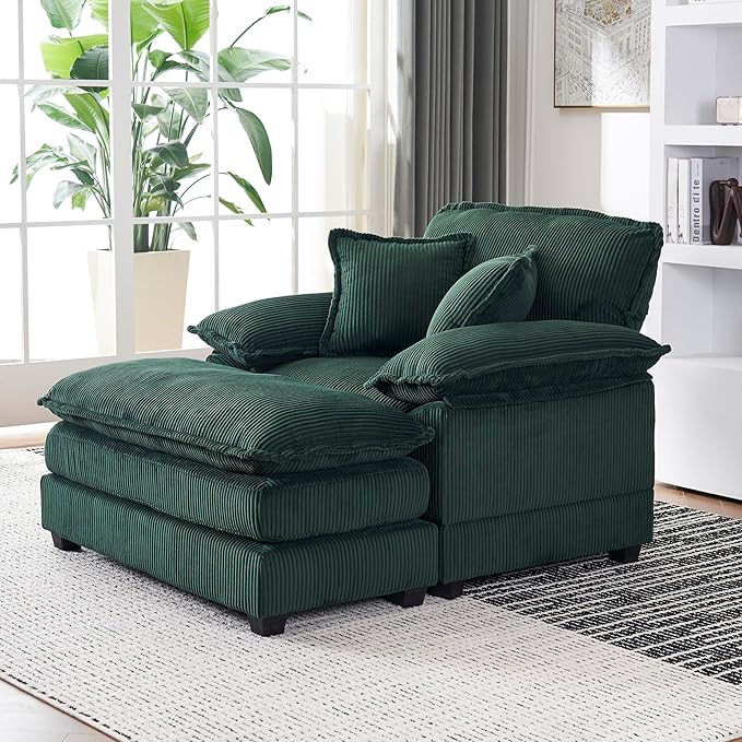 46.9 Oversized Chaise Lounge Chair Indoor with Ottoman Comfy Deep Seat Cloud Sofa Couch Reading Chair Modern Corduroy Upholstered Single Sofa Sleeper Chair for Living Room Bedroom Nursery(Green)