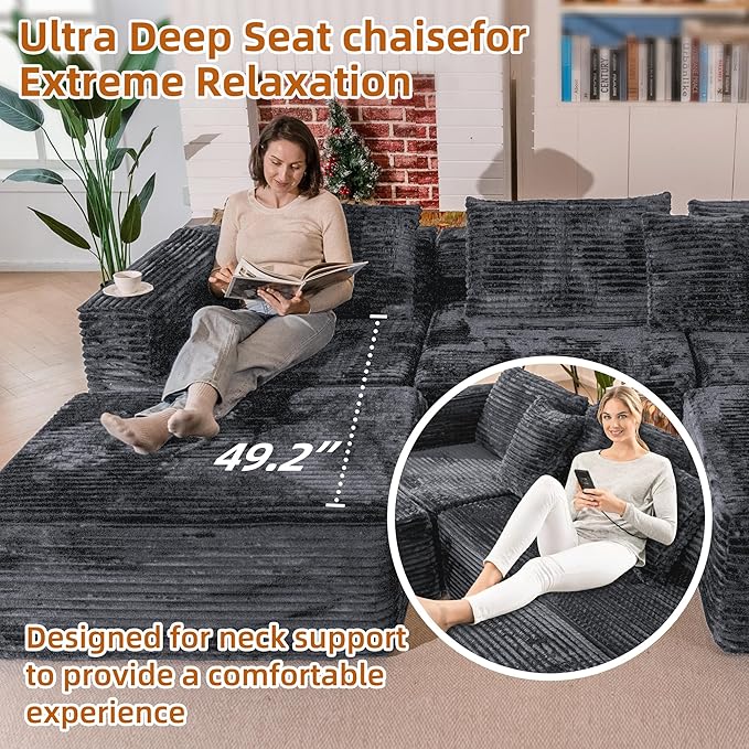 110 Modular Sectional Boneless Sofa with 2 Ottomans Corduroy U-Shaped Modular Sectional Sofa Convertible Cloud Couch with Deep Seats No Assembly Required (Grey 110 3Seat+2 0ttoman)