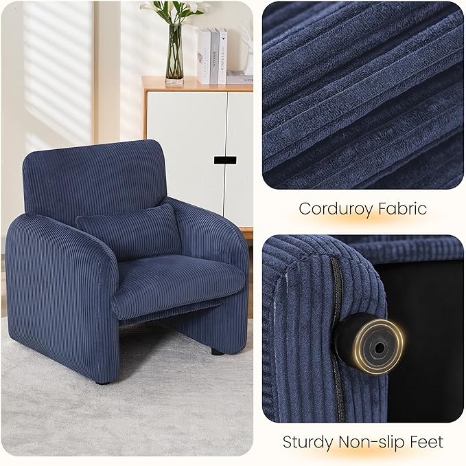 Modern Accent Chair Comfy Upholstered Corduroy Armchair Stylish Lounge Reading Chair for Living Room Bedroom Blue