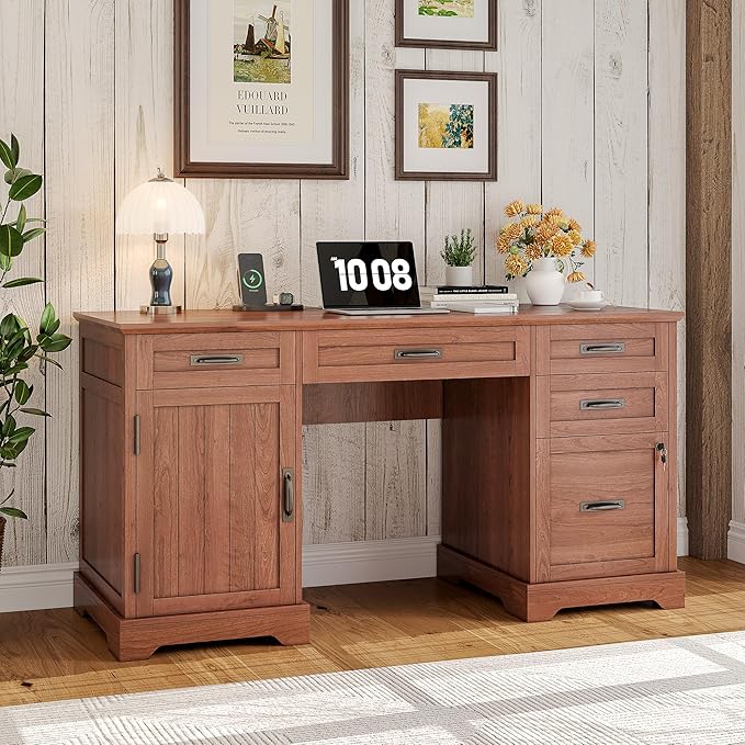 Whalefall 55'' Farmhouse Desk Home Office with Drawers Executive Computer Desk Wooden with File Cabinet and Charging Station Cherry Brown