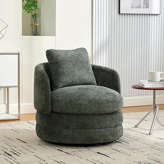 30 Modern Round Chenille Barrel Accent Chair 360° Swivel Ergonomic Comfy Upholstered with Pillow for Living Room Bedroom Reading Room Balcony Lounge Green