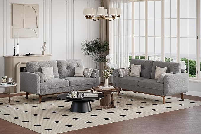 IDEALHOUSE 65 Mid Century Modern Couch Sofa Loveseat Comfy Love Seat Couches for Living Room 2 Seater Teddy Fleece Boucle Upholstered Deep Seat Couch for Bedroom Office Small Space Grey