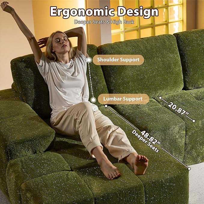 114 in Modular Sectional Sofa Plush Fabric with Silver LuminousBoneless L-Shaped Couch with Chaise for Living Room with Deep Seat No Assembly Required Sofa (Green Left Chaise)