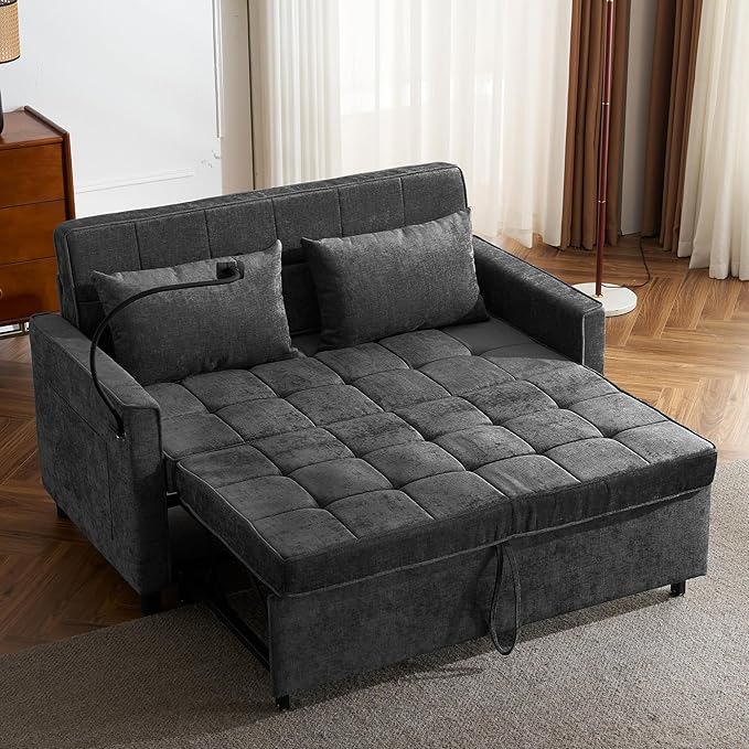 Anwick Modern 56.9 Convertible Sleeper Sofa Bed 3 in 1 Comfy Velvet Loveseat Sleeper Chair BedAdjustable BackrestTwo USB Ports and Phone HolderPull Out CouchLoveseatSectional Sofa Bed (Black)
