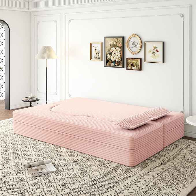 2 in 1 Folding Floor Couch Sofa Bed with 2 Pillows Convertible Sleeper Sofa Modern Full Mattress for Living Room Guestroom Plush Corduroy Floor Sofa BedNo Assembly RequiredBaby Pink
