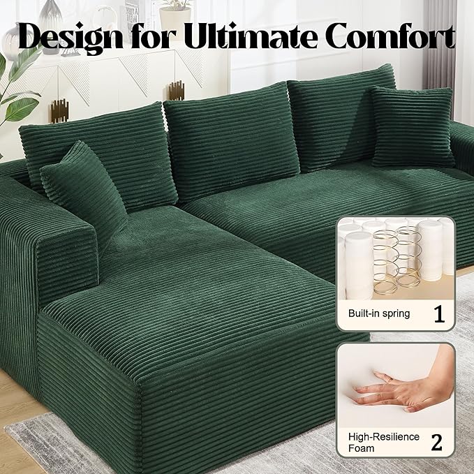Sectional Sofa Couch Boneless Couches for Living Room Cloud Sofa with Oversized Chaise Corduroy Fabric L-Shaped Couch with Pillows No Assembly Required Left Facing Chaise Green