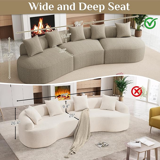 134 Oversized Sectional Sofa for Living Room Modern Luxury Plush Chenille 4-Seater Extra Deep &amp Wide Seat Curved Cloud Couch with 5 Throw Pillows No Assembly Needed Light Brown