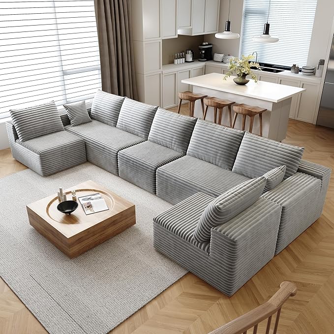 168.5 Cloud Sectional Sofa for Living Room Plush Corduroy Cover Fluffy Memory Foam Cushions No Assembly Required U Shaped Modular Chaise Lounge Oversized Comfortable Couches Set Grey