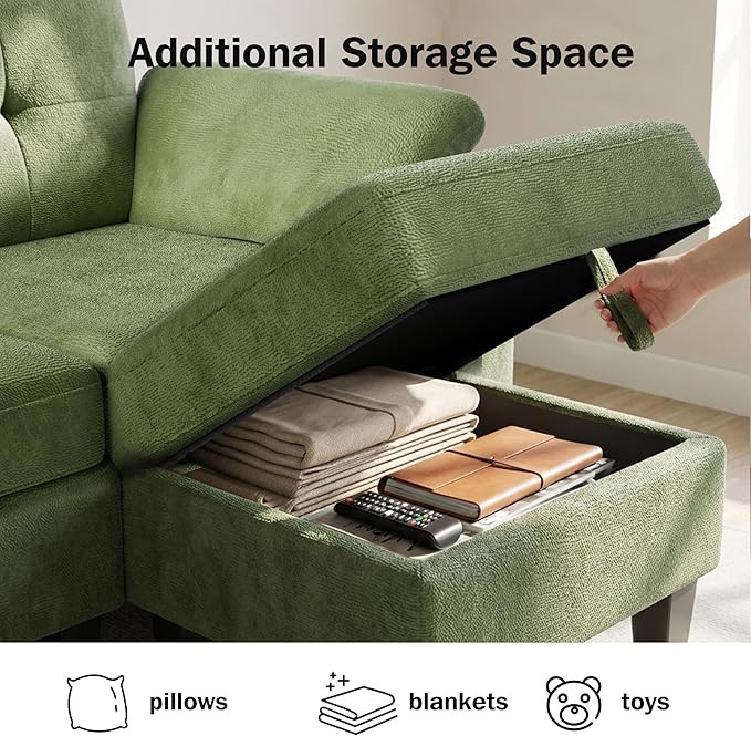 WEUP 79 Convertible Sectional Couch with Storage Ottoman L Shaped Small Sofa 4 Seat Couches for Living Room Apartment Small Space Green