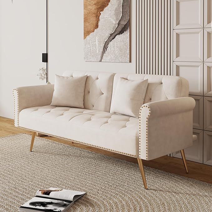 Stylish Velvet Sofa 70 Sofa Sleeper Convertible with Matching Pillows for Living RoomApartmentSmall Spaces (Beige)