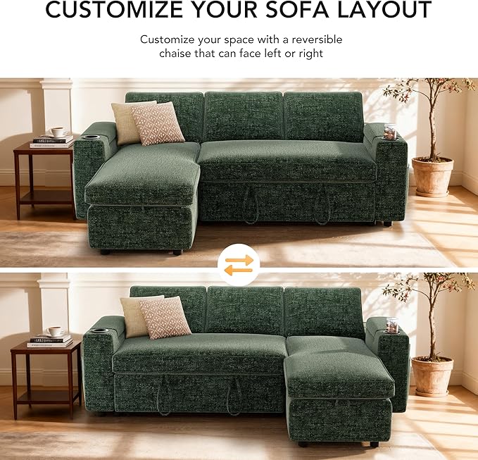 Sunny Heart L-Shaped Sleeper Sofa with Pull Out Bed 82 Sectional Couch with Reclining Backrest Reversible Storage Chaise Armrest Storage Cup Holders Side Pockets Tool-Free Assembly Green