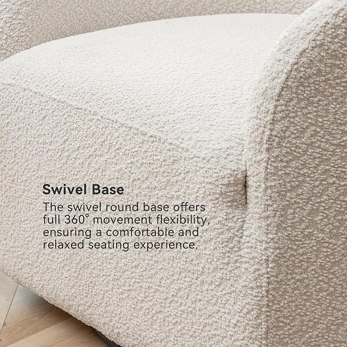 KINWELL 32 Wide Modern Boucle Swivel Barrel Chair No Assembly Round Upholstered Swivel Accent Armchair for Living Room Bedroom Office (White)