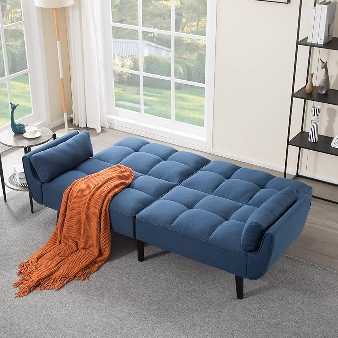 Convertible Futon Sofa Bed Modern Futon Couch with 2 Pillows Small Futons Couch with Adjustable Armrest &amp Backrest Loveseat Sofa Bed for Living Room Bedroom Blue