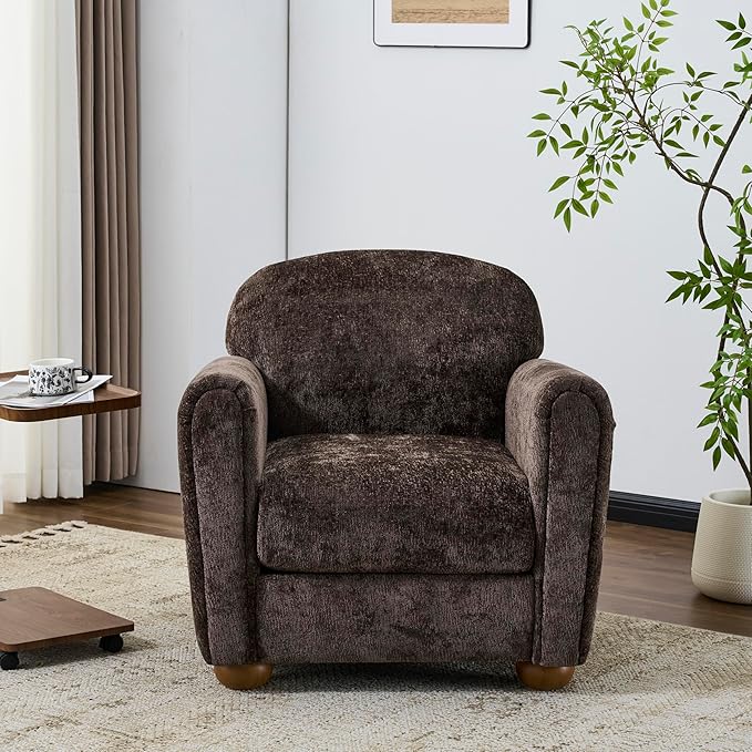 Christopher Knight Home Peysz Modern Accent Chair Chenille Upholstered Armchair with Rounded Wooden Legs Comfortable Single Sofa Soft Cushion Seating Lounge Chair Indoor Dark Brown