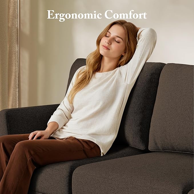 3 Seater Sofa Couch with Deep Seats 89 Mid Century Modern Upholstered Sofa with Armrests Comfy Couches for Living Room Bedroom Apartment and Office (Brown)