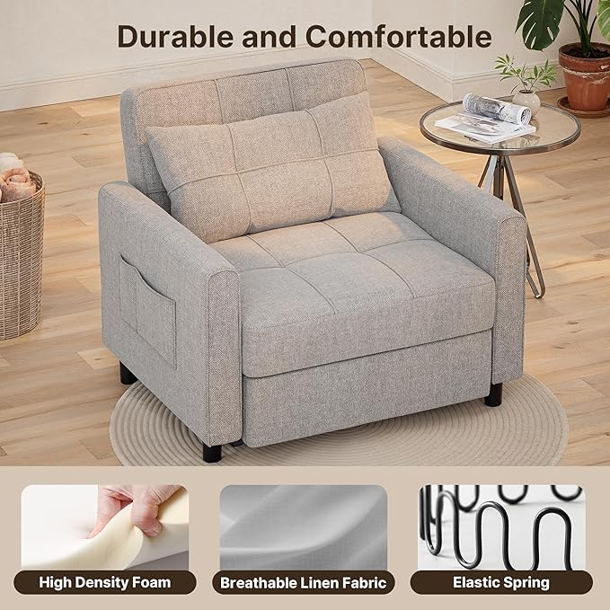 Gizoon Sofa Bed Chair 3 in 1 Convertible Pullout Single Sleeper Chair Bed with Adjustable Backrest Spacious Multifunctional Sofa Couches for Living Room Bedroom Apartment