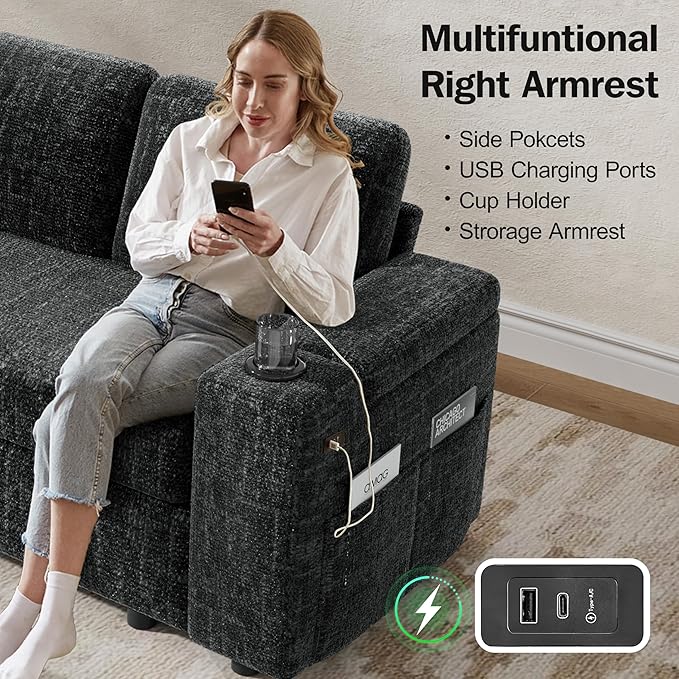 Vipbear 86 Modular Sectional Sleeper Sofa with Pull Out Bed 5 Seat Chenille L Shaped Couch with USB Ports|Cup Holders|Side Table|Storage Seat Armrests Tool Free Assembly Grey